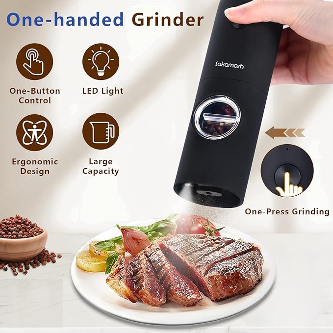 Electric Salt Pepper Grinder Set Rechargeable, Automatic Pepper Mill Shakers with LED Light, Adjustable Coarseness, Dust cover, One-Hand Operation for Kitchen, Black