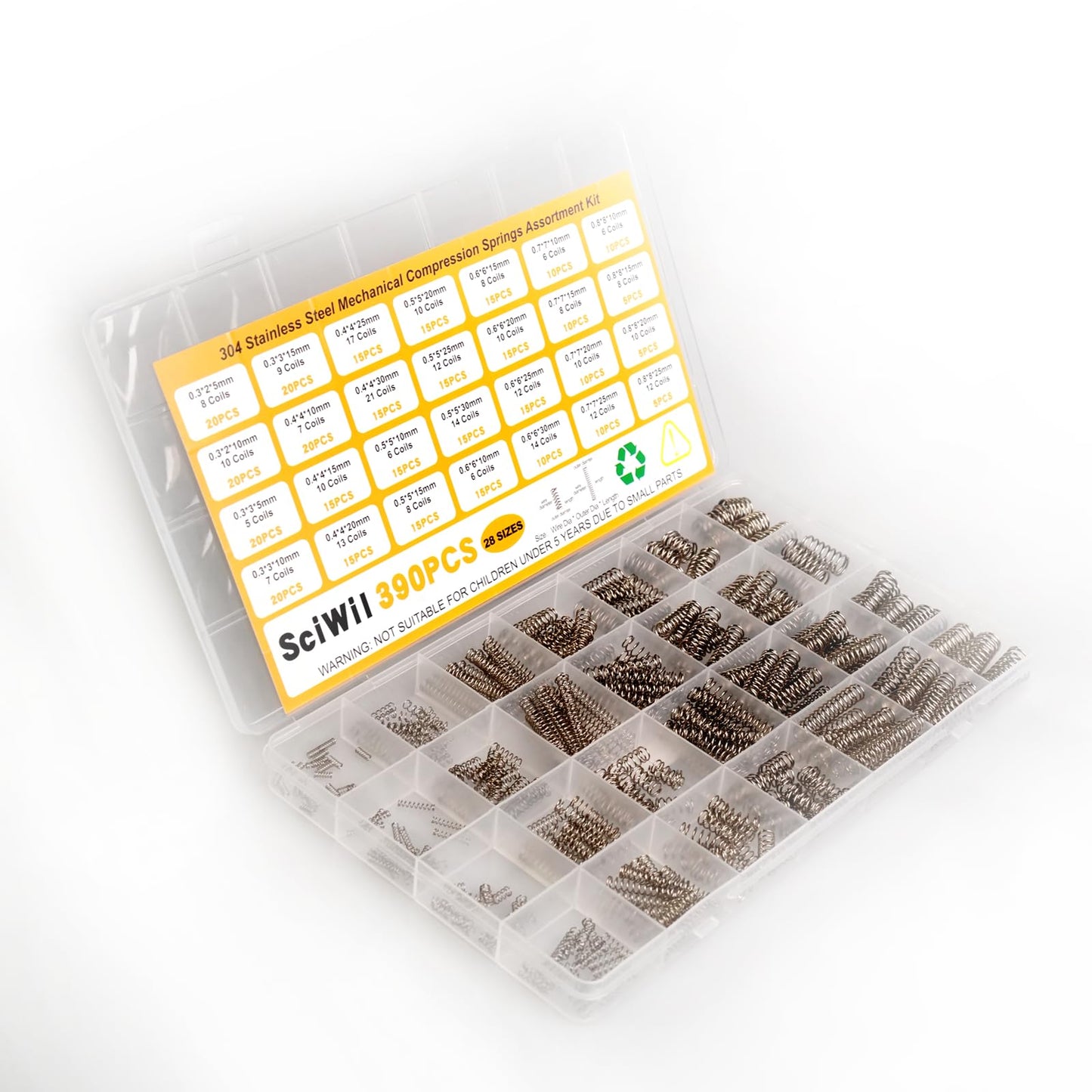 SciWil 390-Piece Compression Spring Assortment Kit, 28 Sizes Small Springs Set, Stainless Steel Rust-Resistant Mechanical Mini Springs for Hobby Crafting and DIY Repair Project