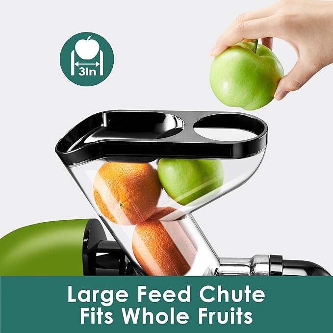 Fretta Cold Press Juicer, Masticating Slow Juicer,Juicer Machines Vegetable and Fruit, 3-Inch Wide Feeding Chute, BPA Free Easy to Clean,Quiet and Strong DC Power, 200W(Dark Green)