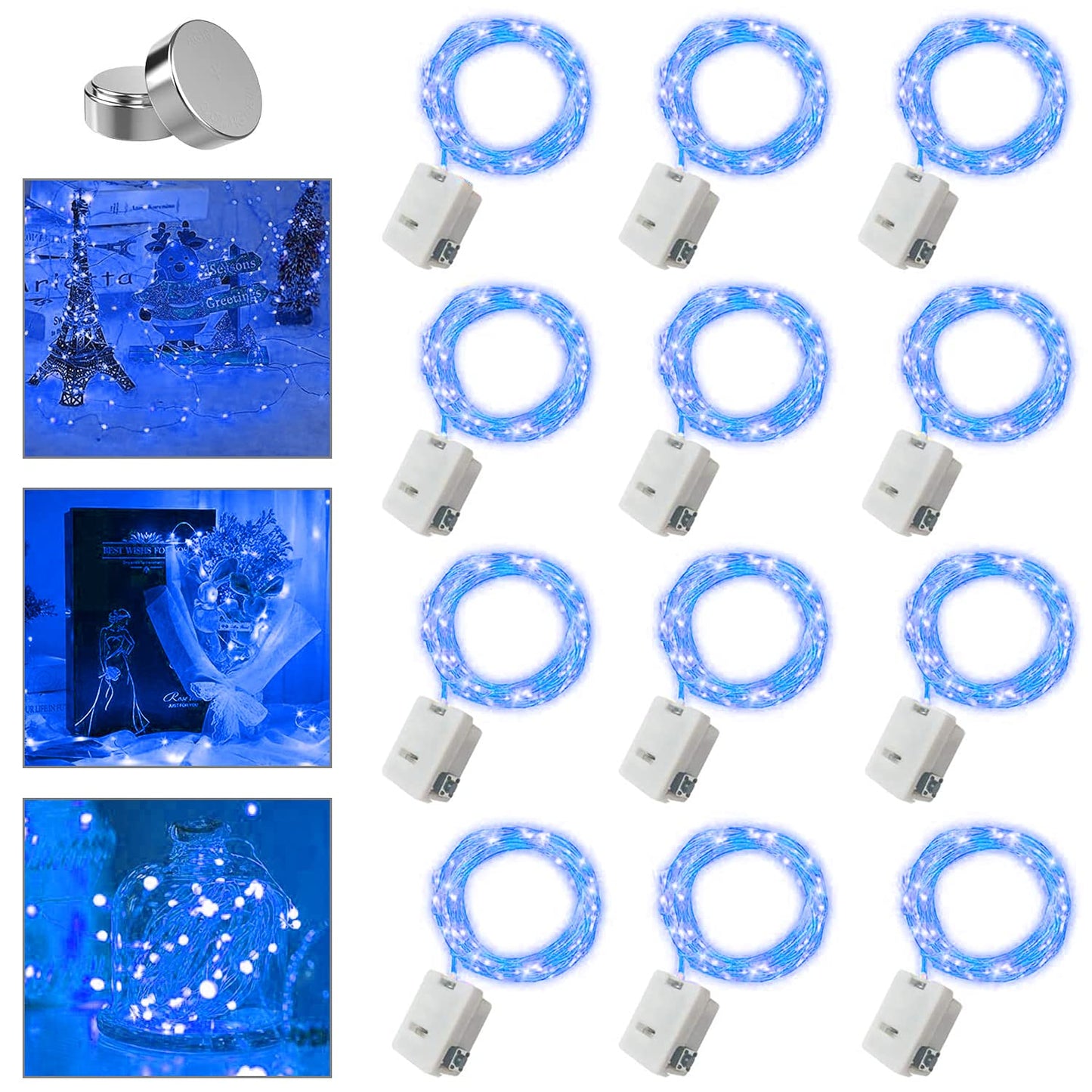 Merfino 12 Pack Battery Operated Fairy Lights, 20 LED, 7Ft, Waterproof, 3 Speed Modes, Extra Batteries, Blue, Model ZLDC01#