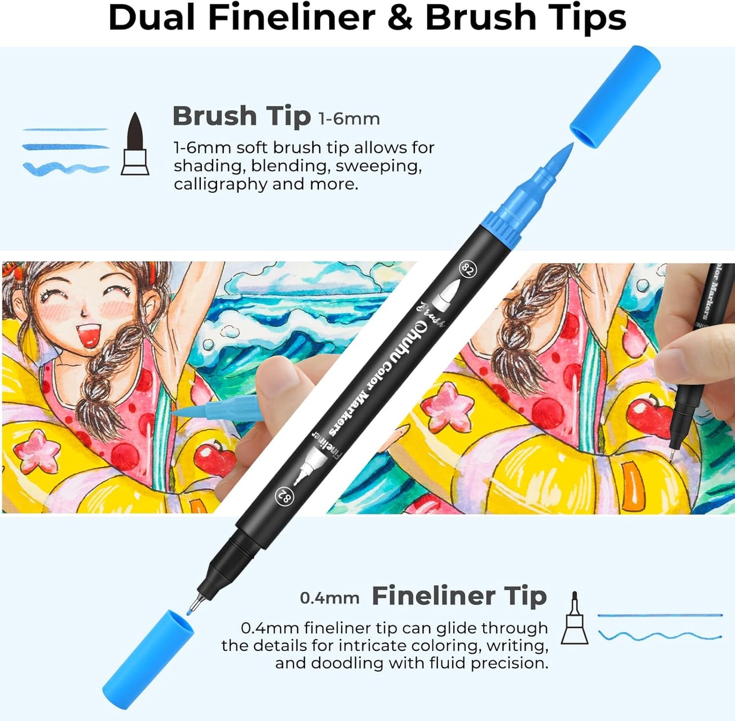 Ohuhu Markers for Adult Coloring Books: 120 Colors Brush Pens Dual Brush Fine Tip Drawing Pens Water-Based Coloring Markers for Calligraphy Bullet Journal with Carrying Case - Maui - Black