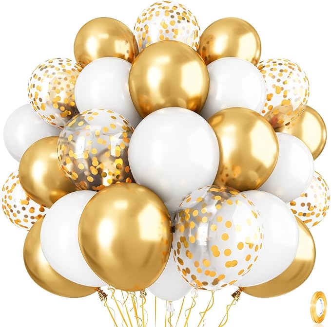 Metallic Gold Balloons Set, Pack of 35 12 Inch White Gold Confetti Latex Balloon, Gold and White Birthday Party Balloons f...