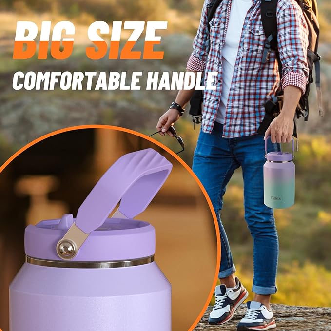 Insulated Water Bottle 64 oz, Stainless Steel Water Bottles with Flip Straw and Top Handle, Leak Proof, Iced for 34 Hours, Vacuum Insulated Water Bottle for Home, Office, Hiking, Car
