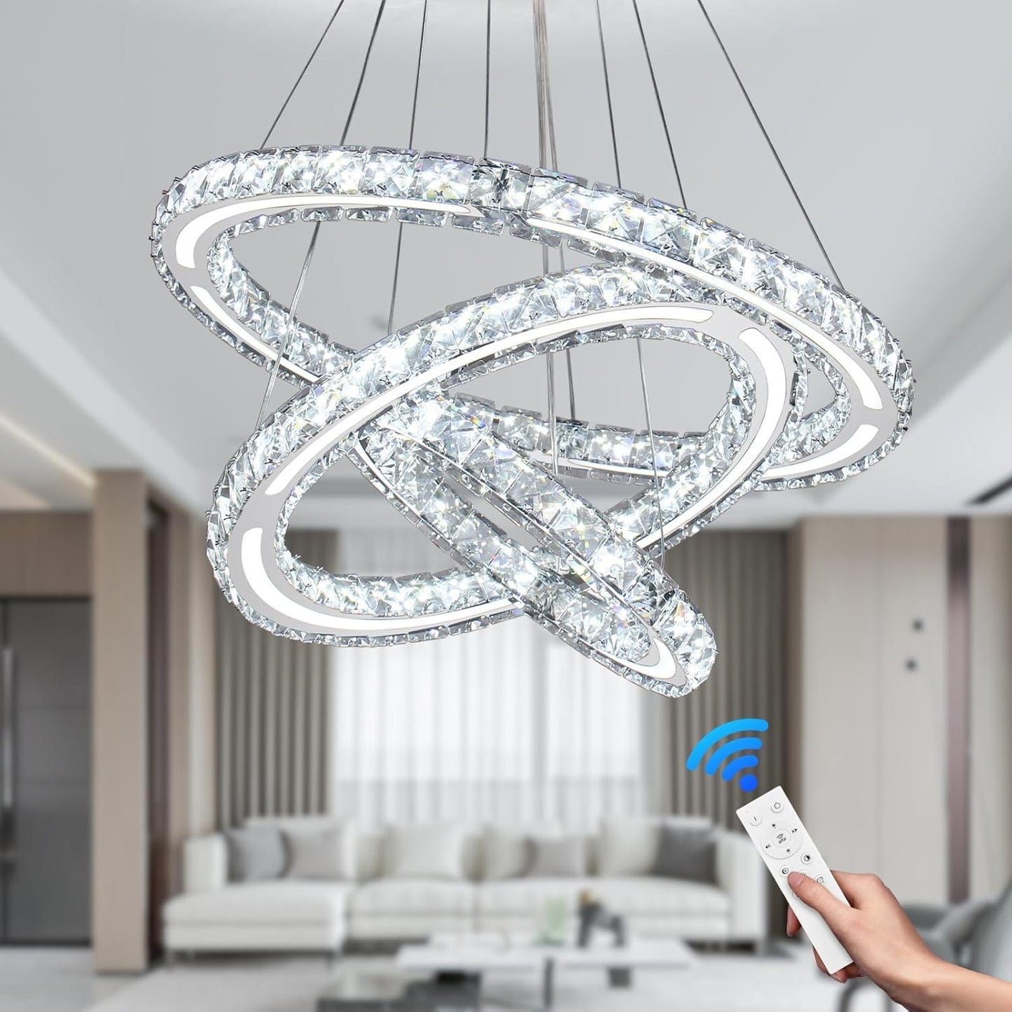 CXGLEAMING Modern Chandelier LED Pendant Light Fixture Dimmable 3 Rings Stainless Steel 250mm Base 209 Crystals