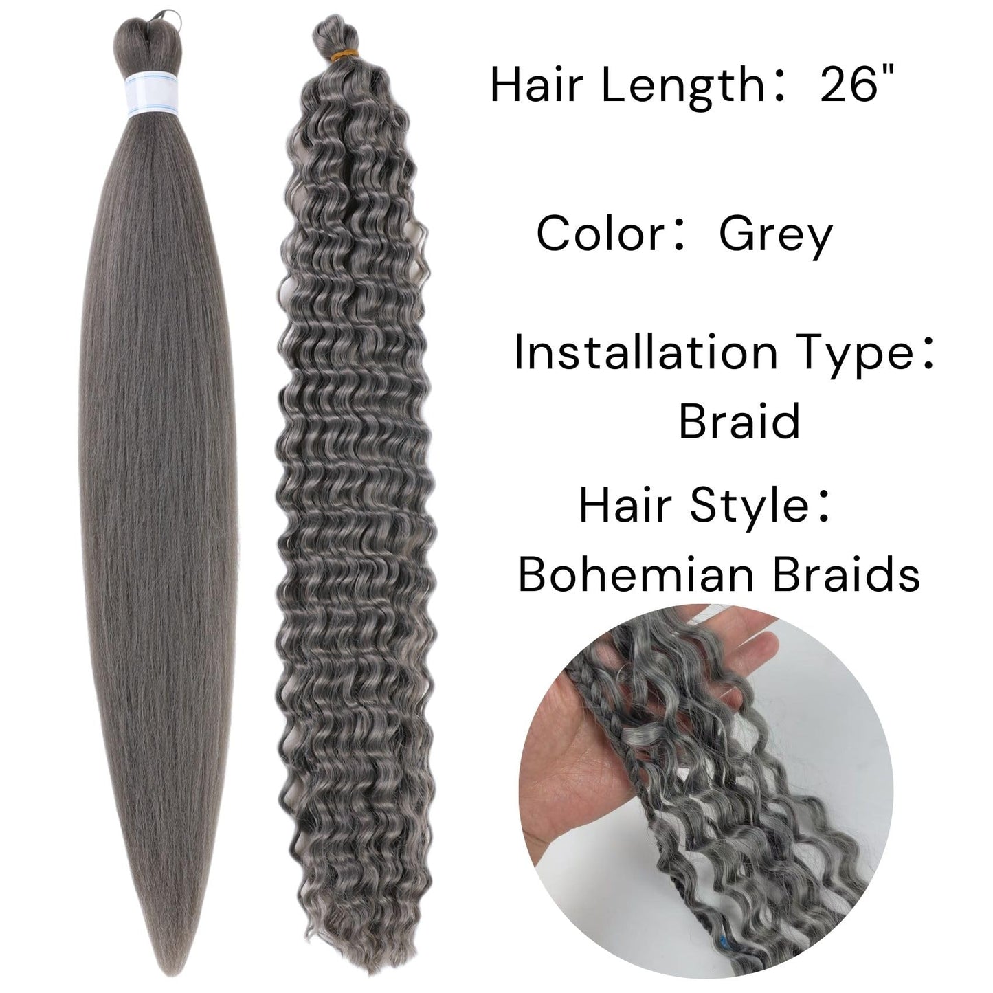 Grey Braiding Hair Pre stretched for Boho Braids Pre stretched Boho Braiding Hair