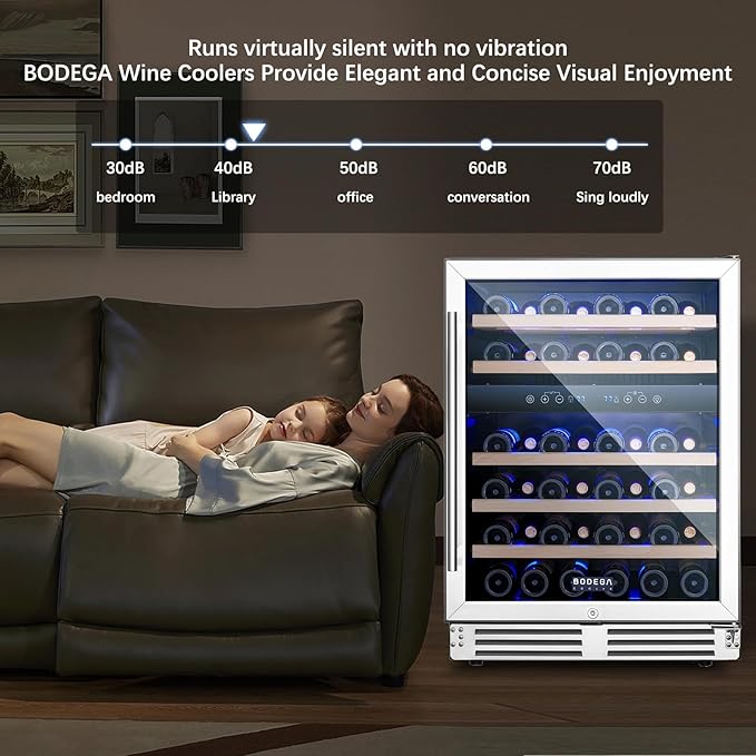 BODEGA 24 Inch Wine Cooler Refrigerator, 46 Bottle Dual Zone Wine Fridge with Double-Layer Tempered Glass Door,wine refrigerator with Temperature Memory Function, Built-in or Freestanding wine cooler.