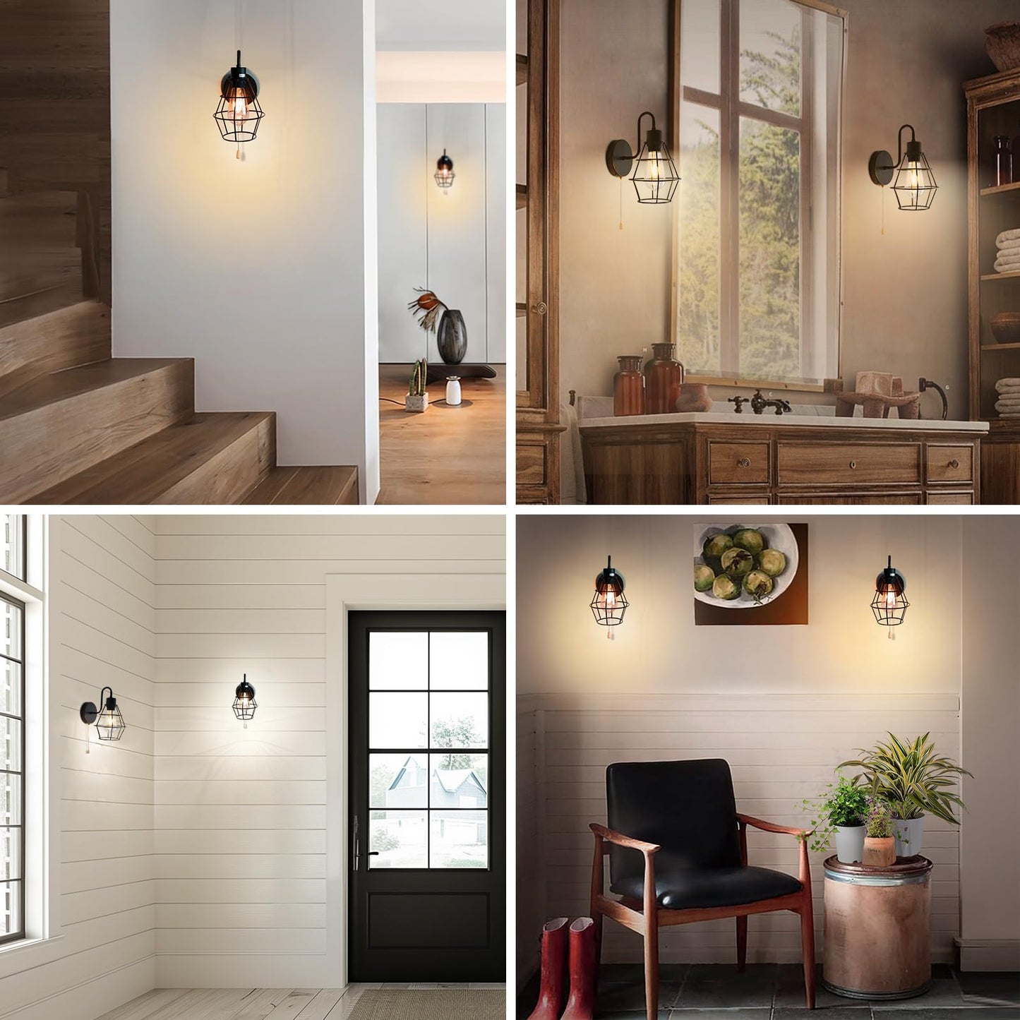 Dtiedy Wire Cage Wall Sconce With Pull Chain 2Pack  Hardwire Wall Lights With On Off Switch  Metal Wall Mount Light Fixture Indoor E26 Vintage Black Wall Lighting For Living Room  Bedroom