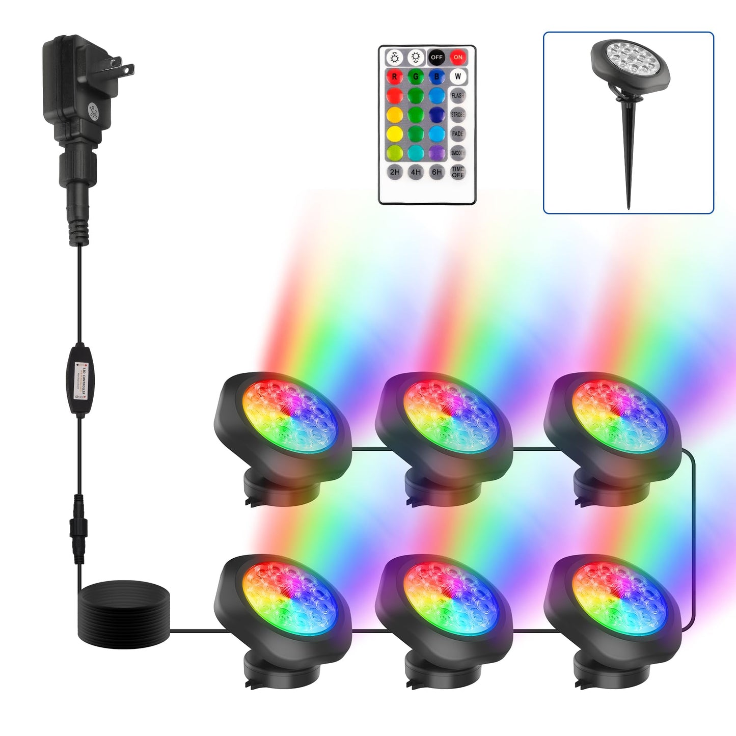 CREPOW RGBW Pond Lights - 18 LED Submersible Fountain Lights, IP68 Waterproof, Remote Control, Multicolor - Set of 6, Model TS-F2230