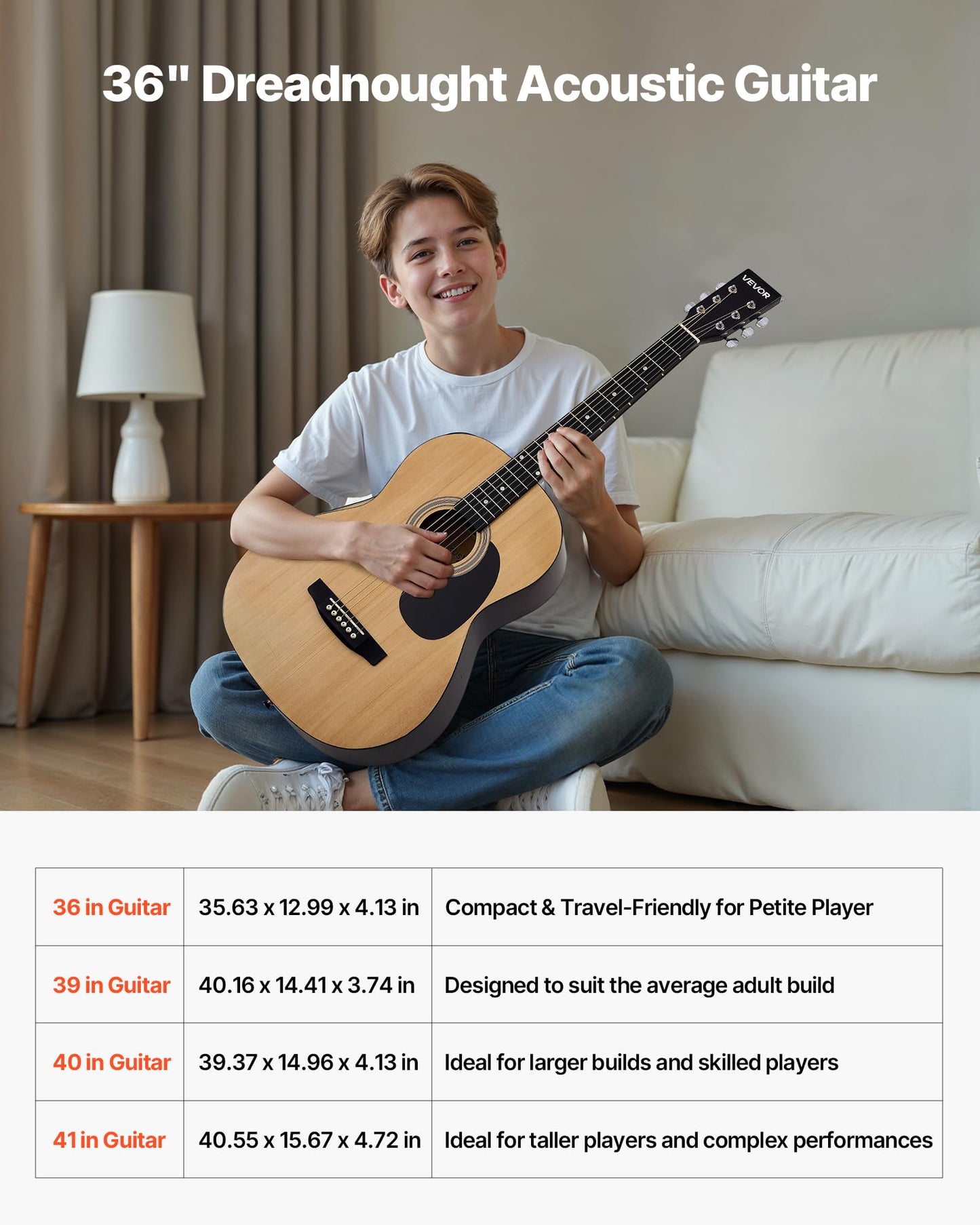 Vevor Dreadnought Acoustic Guitar, 36 In, 6-String Natural Solid Top Guitar, Portable Bundle With Gig Bag, Tuner, Strap, Steel S