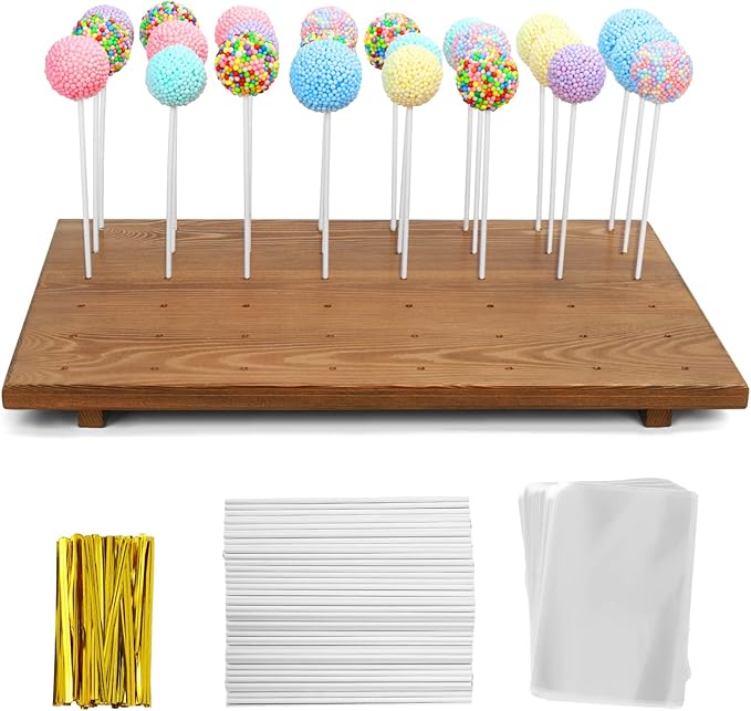 Wood Cake Pop Stand /w 300 Pcs Cake Pop Sticks and Wrappers - 48 Holes Cake Pop Holder Stand for Dessert Table- Lollipop Holder for Birthdays, Baby Shower, Weddings or Any Events.