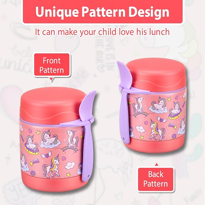 Kids' Lunch Insulated Food Jar with Spoon - 10oz Stainless Steel, Leak Proof, Wide Mouth, Hot Food Thermo for School (Pink, Unique Horse)