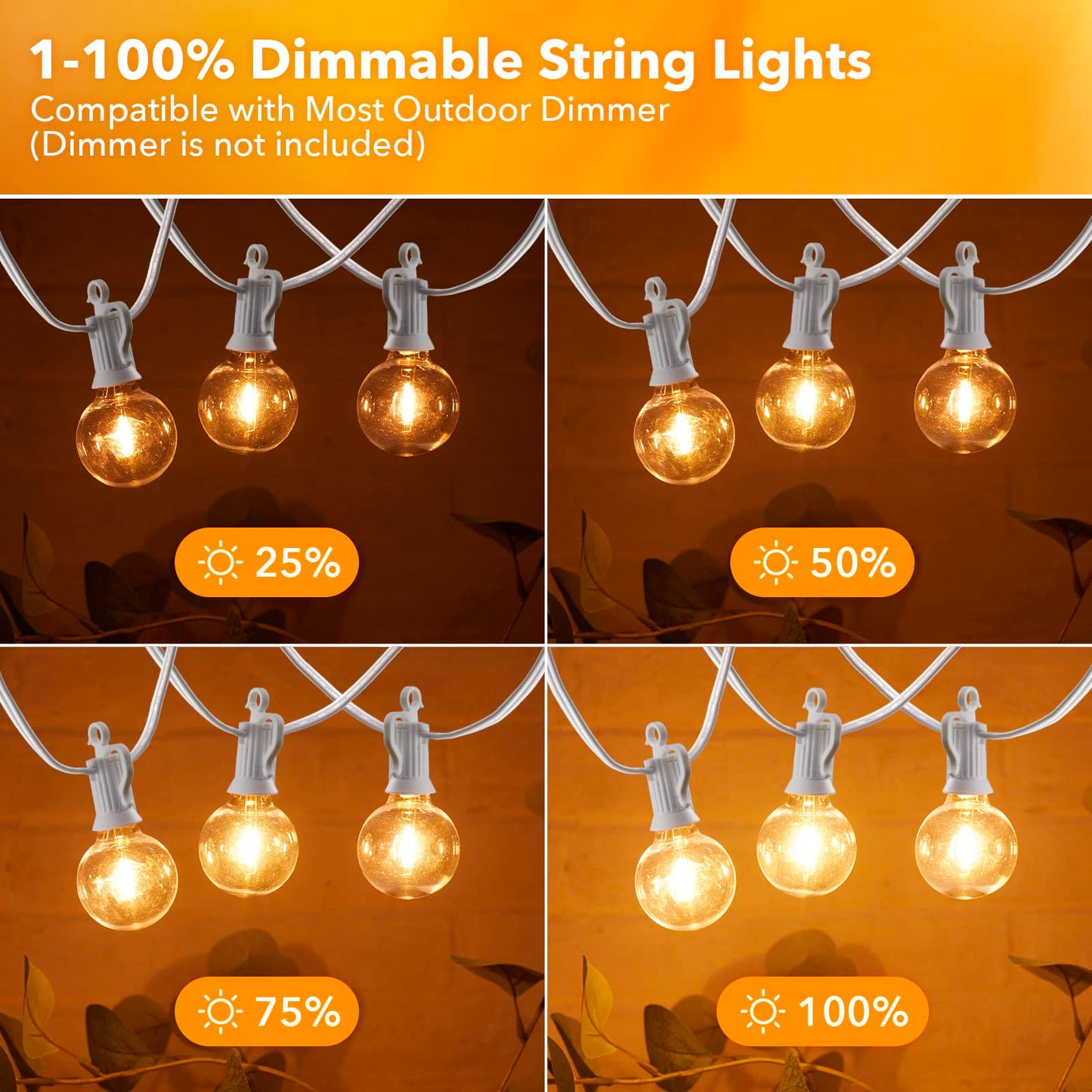 Brightown Outdoor String Lights - 50Ft Waterproof Led Globe Lights With 25 G40 Bulbs, All-Weather Patio Decor, White