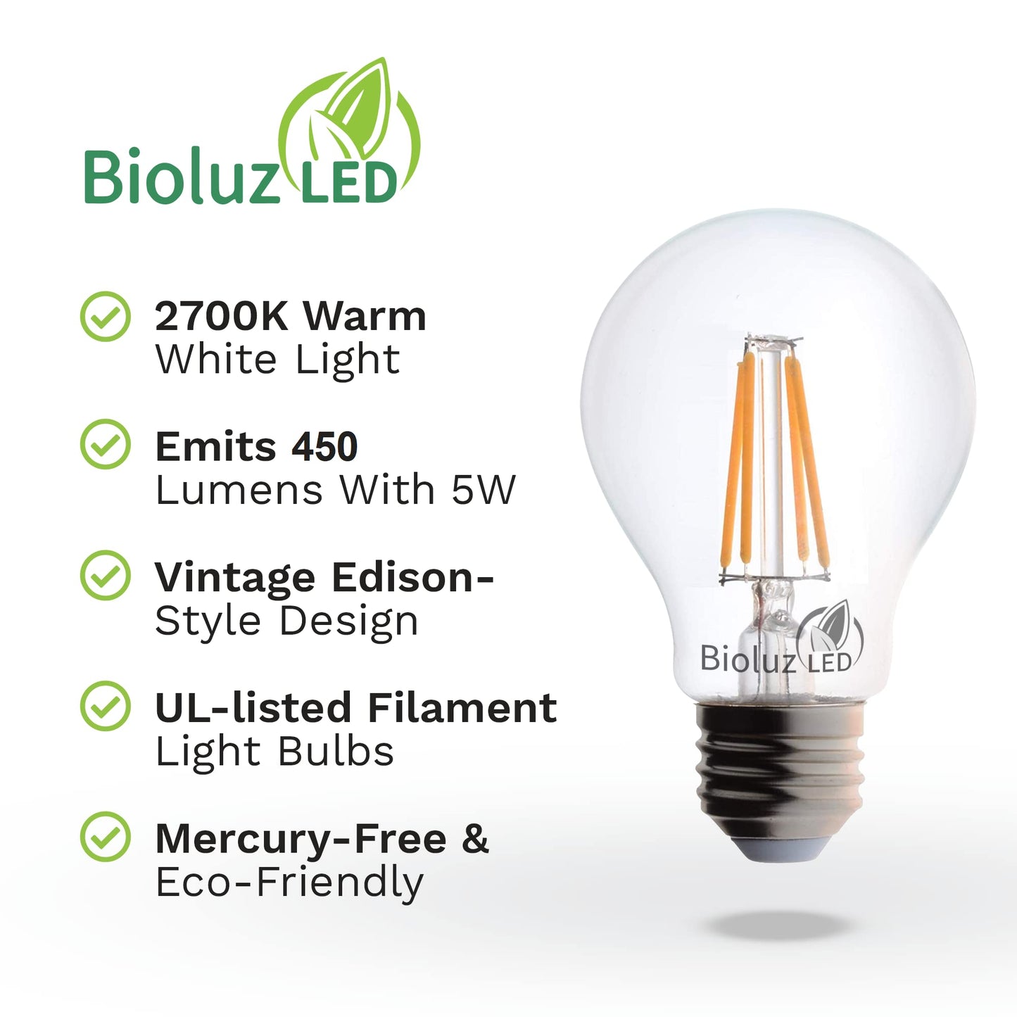 Bioluz Led 40W Dimmable Edison Light Bulbs, Warm White, Glass, 6-Pack, Ul Listed, Model Bfa19D-4Ww-6