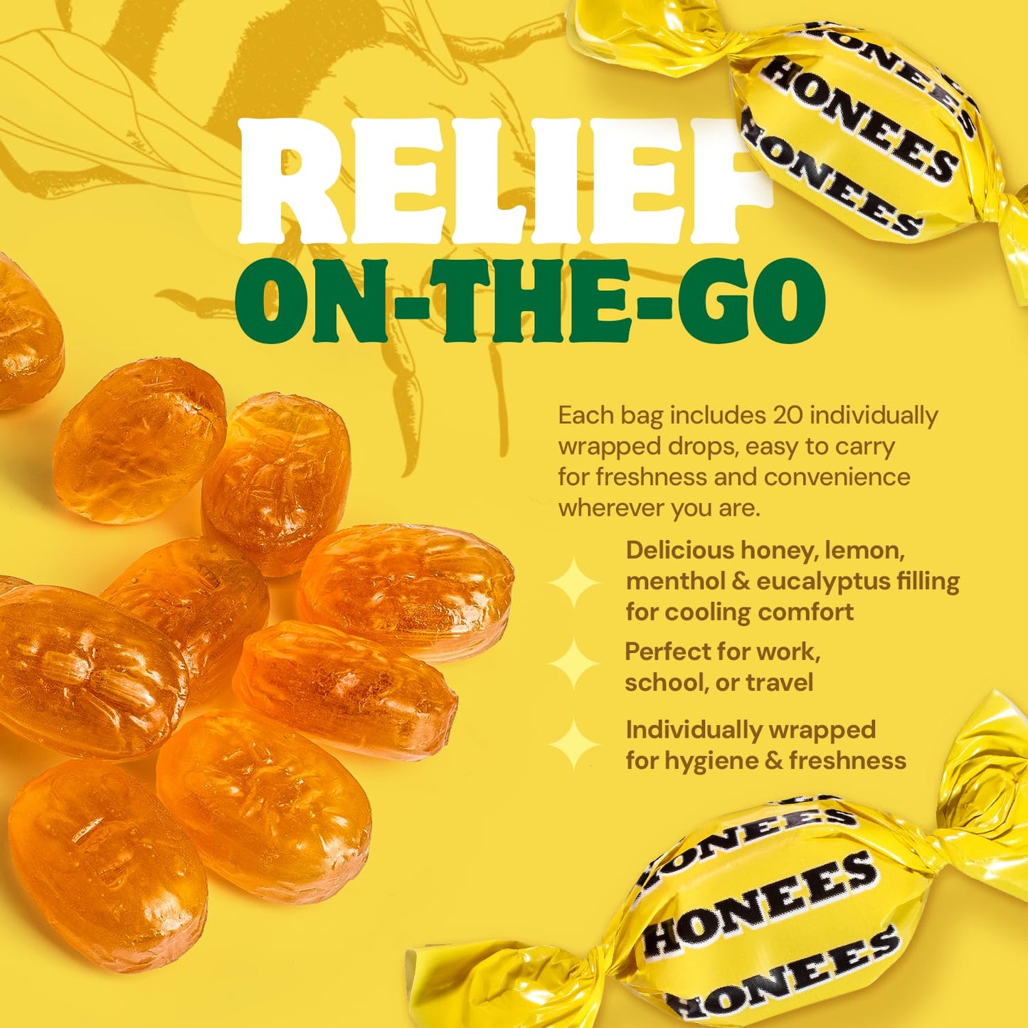 Honees Filled Honey Lemon Cough Drops- Filled with Honey, Menthol, Lemon and Eucalyptus - Nothing Artificial -Natural Sore Throat Lozenges- Non-GMO (6 Pack – 120 Drops)