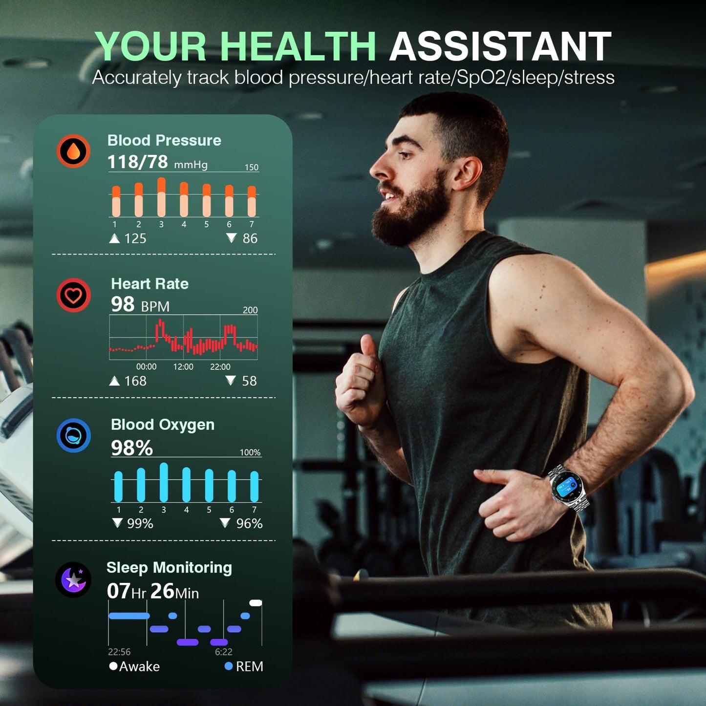 2025 DA GPT Smart Watch for Men, Heart Rate, Blood Pressure, Blood Oxygen, Sleep Monitor, 107 Sports Modes, 1.19-inch AMOLED Display, Waterproof Round Watch, Compatible Android iOS Silver Green