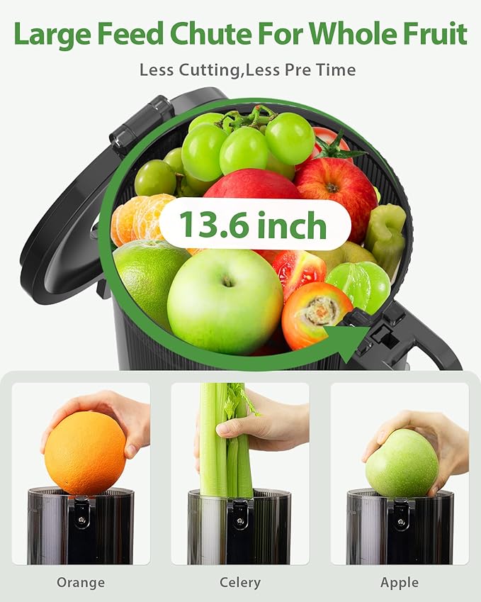 Cold Press Juicer - Wide Mouth Feed Chute with Self Feeding Design - Slow Masticating Juicer for Vegetables and Fruits - Juice Extractor Machine High Juice Yield - Easy to Clean & Assemble