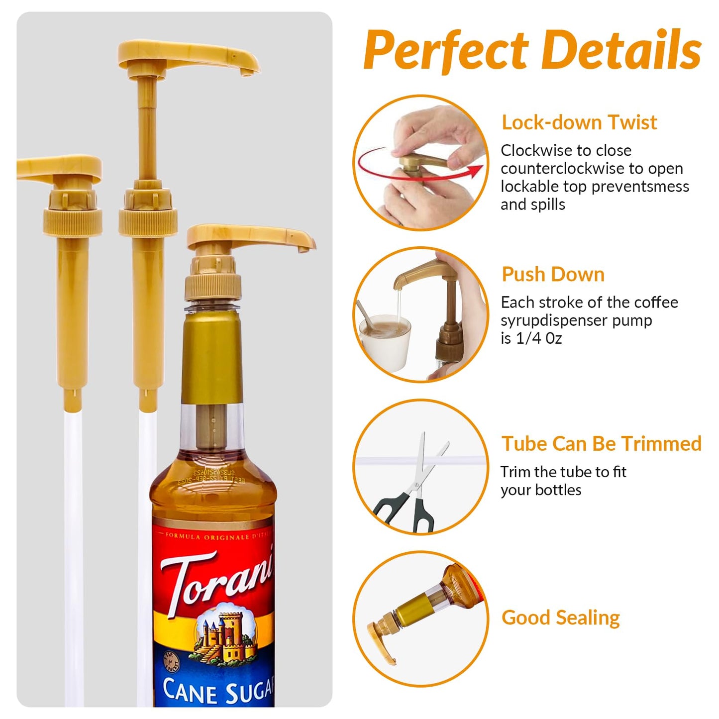 4Pcs Coffee Syrup Pumps: Compatible with 25.4oz/750ml Torani, Skinny and Other Syrup Bottles, Easily Dispense Syrups Pump of Various Flavors for Lattes, Iced Coffees, Cocktails, Pancakes and More