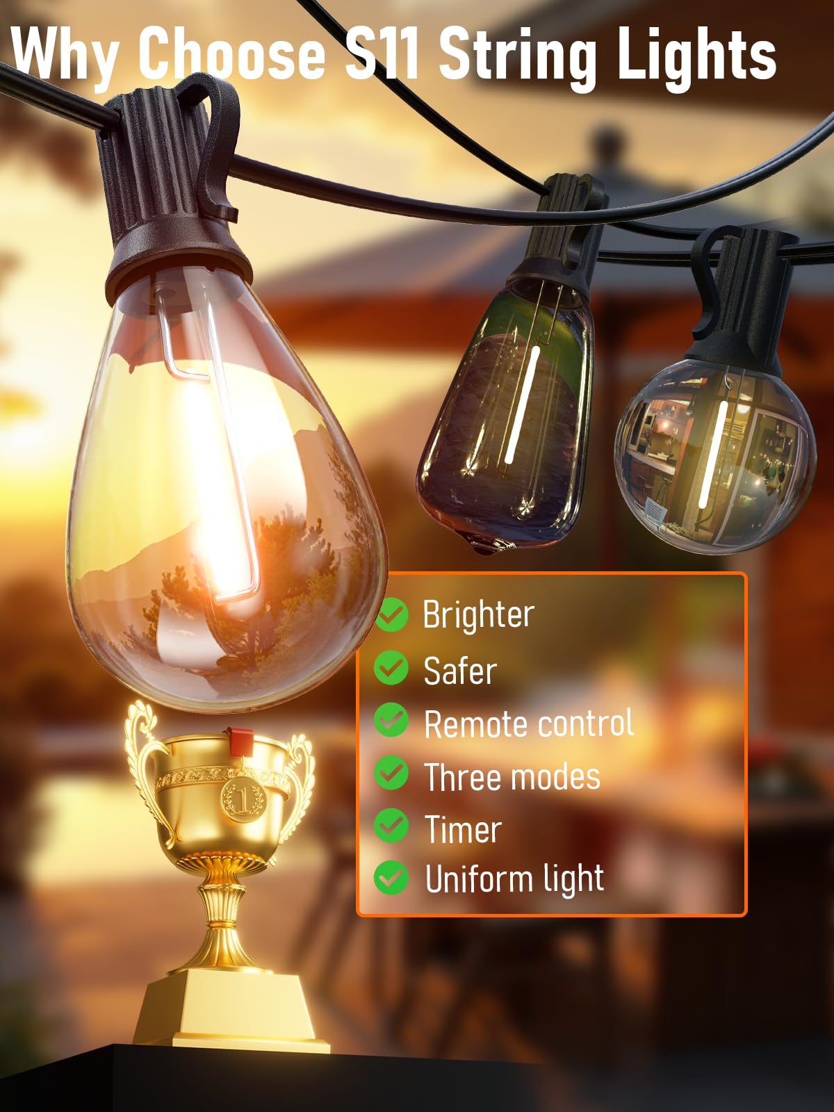 luckystyle LED Outdoor String Lights, 15FT, Warm Yellow-2200K, 6+1 Shatterproof Bulbs, Waterproof, Dimmable, Model S11