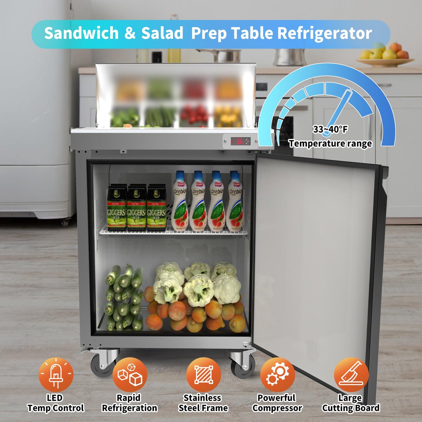 LCEKY 29" W Sandwich Salad Prep Table Refrigerator Commercial Refrigerator with 8 Pans Stainless Steel Fan Cooling Kitchen Equipment