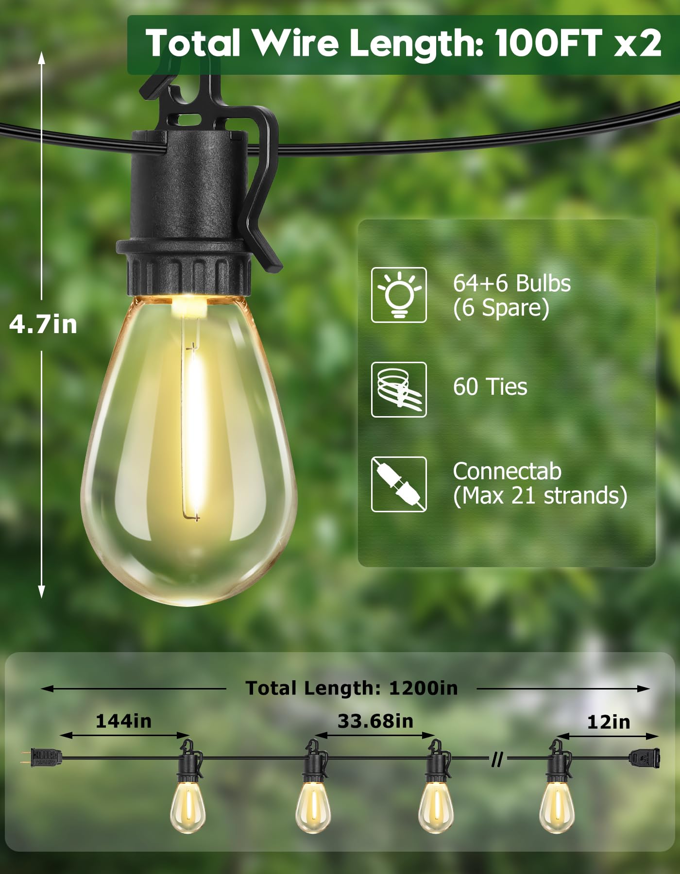 TDLOL 200FT Outdoor String Lights, 70 Shatterproof S14 Bulbs, Dimmable, IP55 Waterproof, Plastic, Model GYPC-O32LAU