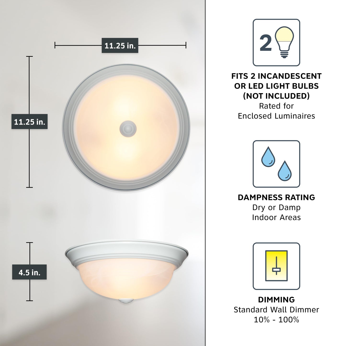 Designers Fountain 2-Light Flush Mount Ceiling Light, 11 in, Glass, White, Model 1257S-WH-AL