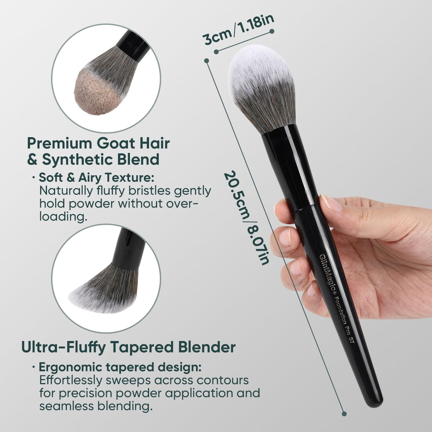GlintMagic+ Professional Powder Brush for Loose/Pressed Powder, Tapered Setting Powder Brush, Ultra-Soft Bristles Use for Blush