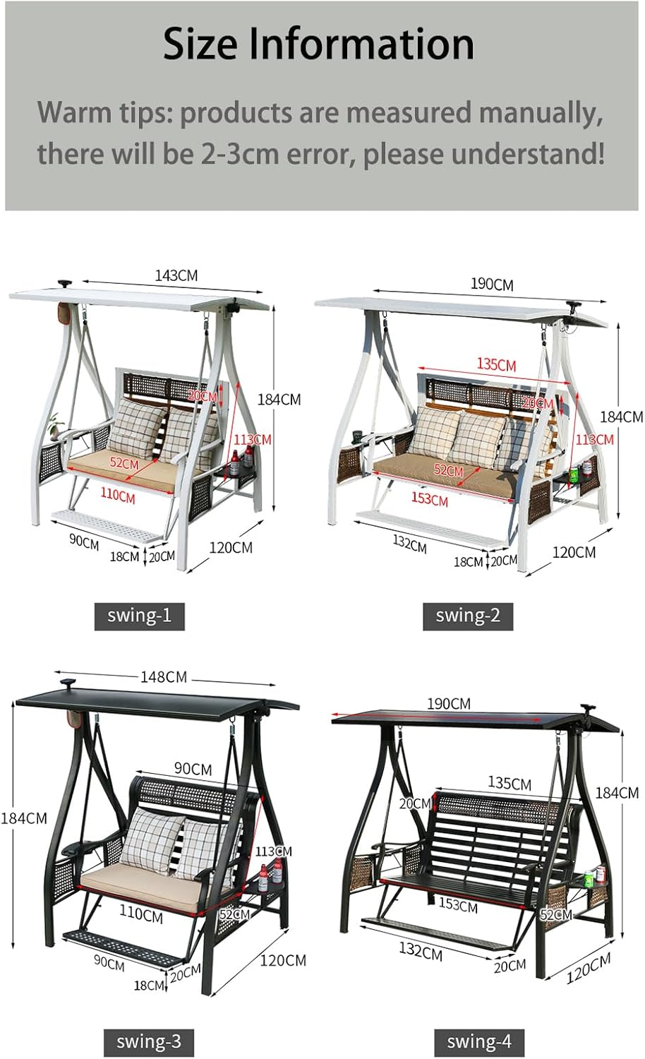 2/3-Seat Outdoor Patio Porch Swing with Adjustable Aluminum Alloy Canopy Solar Patio Swing Chair Bench with Footrest Side Cup Holder for Backyard Lawn (Himalaya-3 Seat)