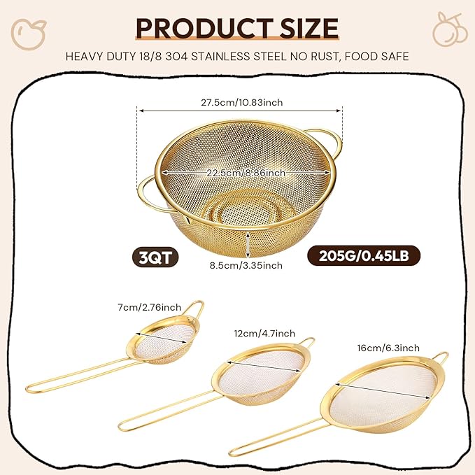 Baderke 3 Quart Stainless Steel Gold Colander and 3 Pcs Fine Mesh Strainer with Handles Gold Kitchen Accessories for Kitchen Draining Rinsing Serving Food Pasta Rice Vegetables