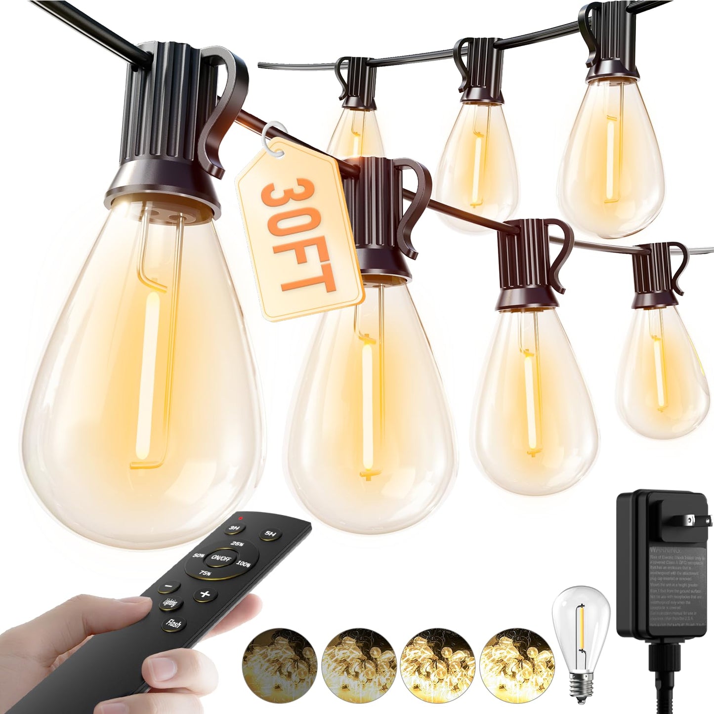 Luckystyle 30Ft Led Outdoor String Lights With Remote  10+ 1 Shatterproof Bulbs Waterproof And Dimmable Patio Lights For Porch  Garden  Backyard  Deck  Balcony  2200K Hanging Lighting