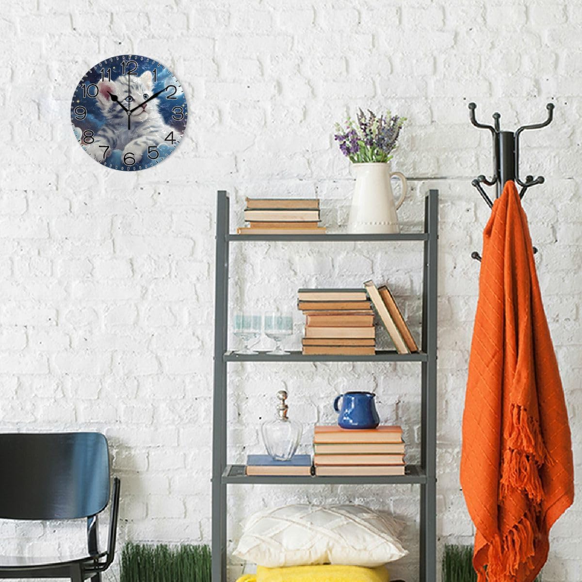 Cute Tiger Animal Wall Clock Battery Operated Non Ticking Silent Quartz Analog Rustic Farmhouse Round Clock Retro Decor for Home Kitchen Living Room Bathroom