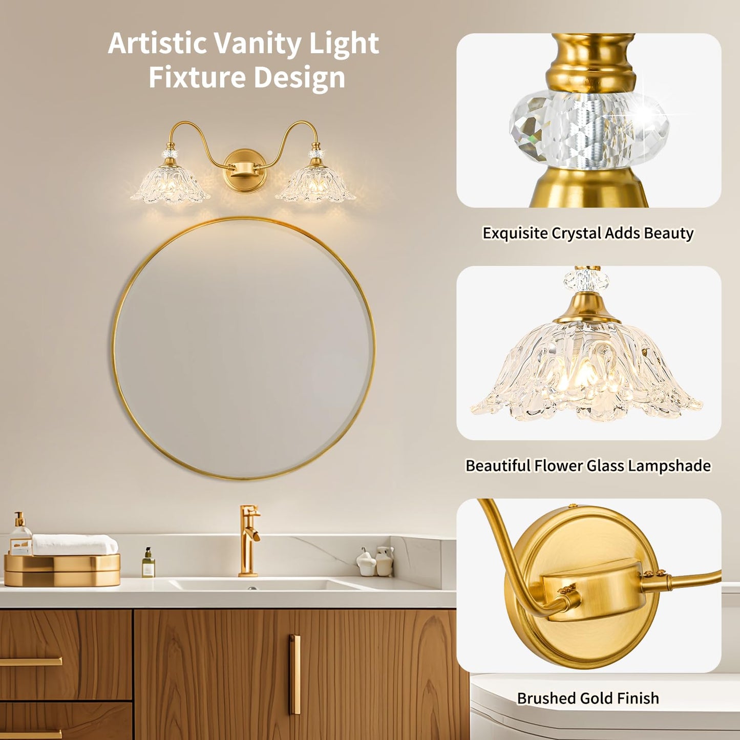 Sunkryster Gold Bathroom Vanity Light  2-Light Brushed Gold Finish Vanity Light With Floral Clear Glass Shades  Retro Wall Mount Lighting For Bathroom  Dressing Table