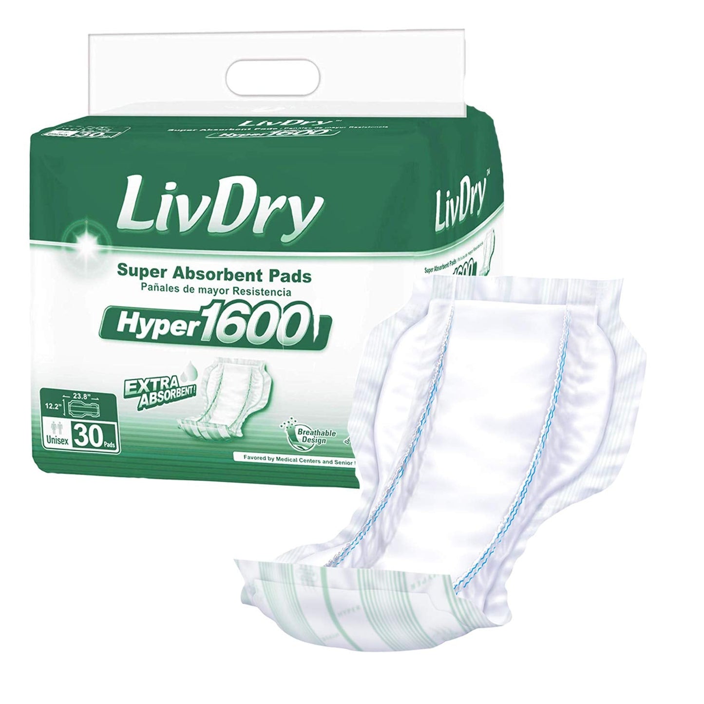 LivDry High Absorbency Pad Insert for Incontinence Briefs and Adult Diapers, Women and Men, Hyper 1600 (30 Count)