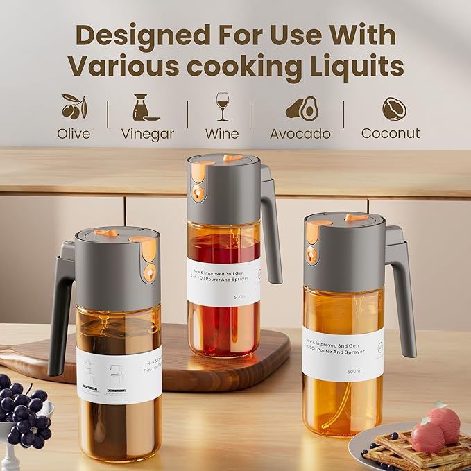 Upgrade 2 in 1 Oil Sprayer for Cooking, Olive Oil Dispenser Bottle for Kitchen Gadgets with Stickers, 17oz/500ml Food Grade Light-Blocking Glass Spray Bottle for Salad, Air Fryer, BBQ