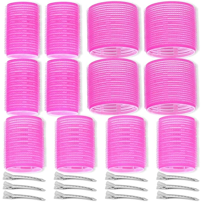 Self Grip Hair Rollers Curlers Set - 24 Pieces with 3 Sizes (4 Jumbo, 4 Large, 4 Medium) and 12 Clips for Volume on Long, ...