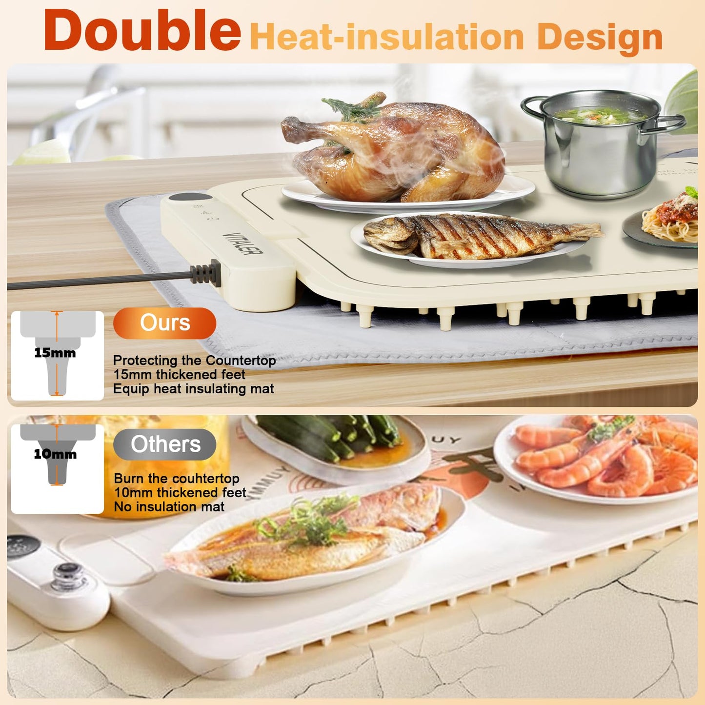Vitaler Warming Mat for Food, (XXL 35”x16”) Electric Warming Trays, Upgrade Graphene Fast Full-Surface Heating Mat for Food with 6 Level Temp, 6 Hours Timer, Food Warmer Pad with Heat-Insulating Mat