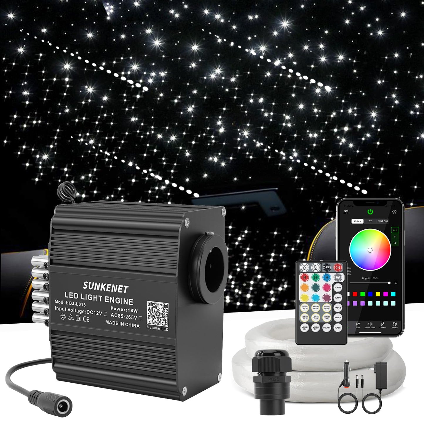 SUNKENET 12W RGBW Starlight Headliner Kit, 450pcs Fiber Optic Lights, Cool White, Model QJ-L012, Bluetooth Control, for Car/Home