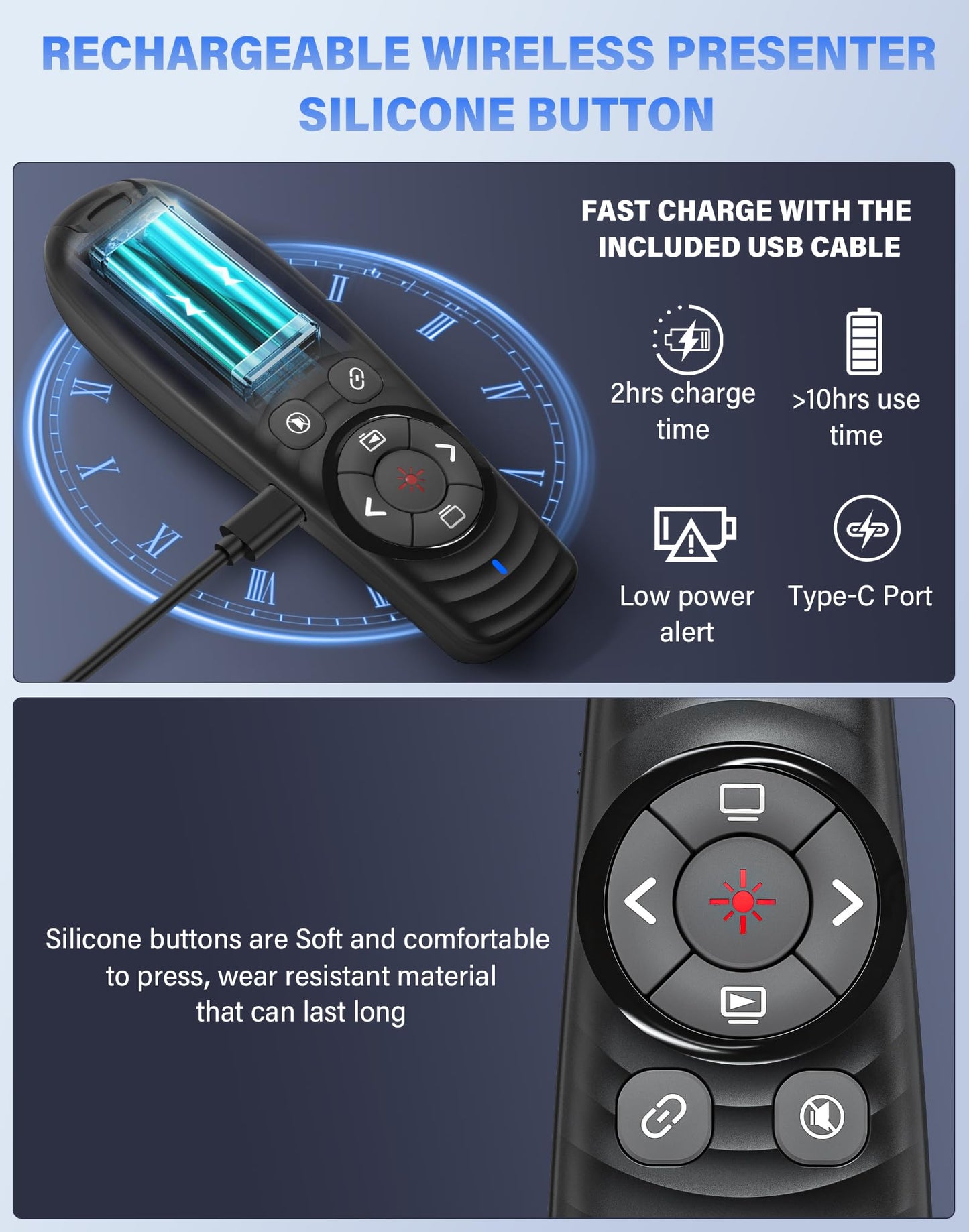 Presentation Clicker Wireless, 2-In-1 Usb/Type C Rechargeable Presenter Remote Control For Powerpoint, Ppt Clicker Red Laser Poi