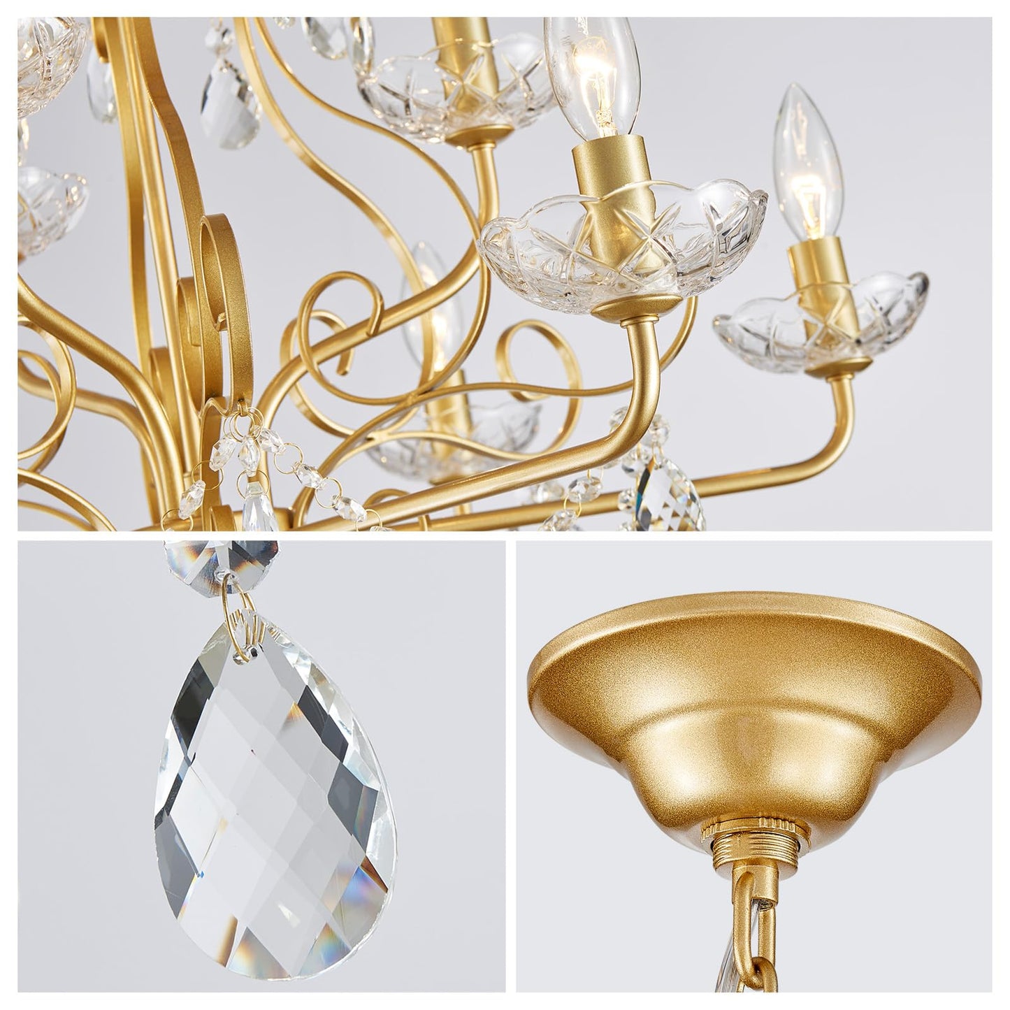 Wuzups 9-Light Crystal Candle Chandelier Pendant Flushmount Ceiling Light Modern Lighting Fixture For Bedroom Hallway Bar Kitchen Bathroom  H 18.1 X W 25.6  Gold  E12 Base