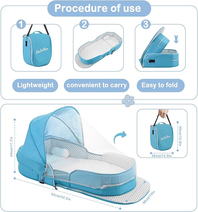 Baby Travel Bassinet Portable Bassinets, Foldable Carry Bag Bassinet Travel Crib, Lightweight Baby Lounger Pod Infant Bed with 2-1 Mosquito & Canopy (Blue)