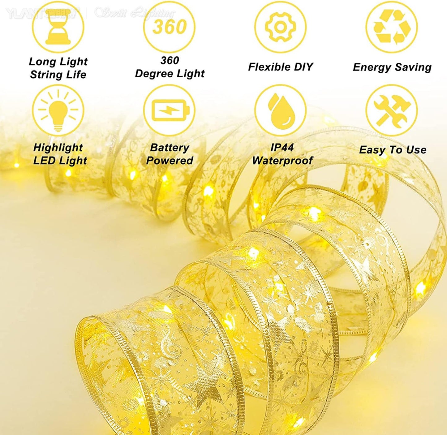 Zjhgdr Christmas Ribbon Fairy Lights  Copper Wire White String Lights Glitter Gold Ribbon Lights 2.5Inch X16.4Ft 50 Leds Battery Operated Fairy String Lights For Xmas Tree Indoor Decorations