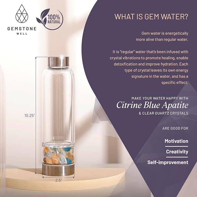Crystal Water Bottle Elixir Set | Includes Authentic Laboratory Citrine, Blue Apatite & Clear Quartz Healing Crystals | Black Neoprene Sleeve | Drink Gem Infused Water On The Go