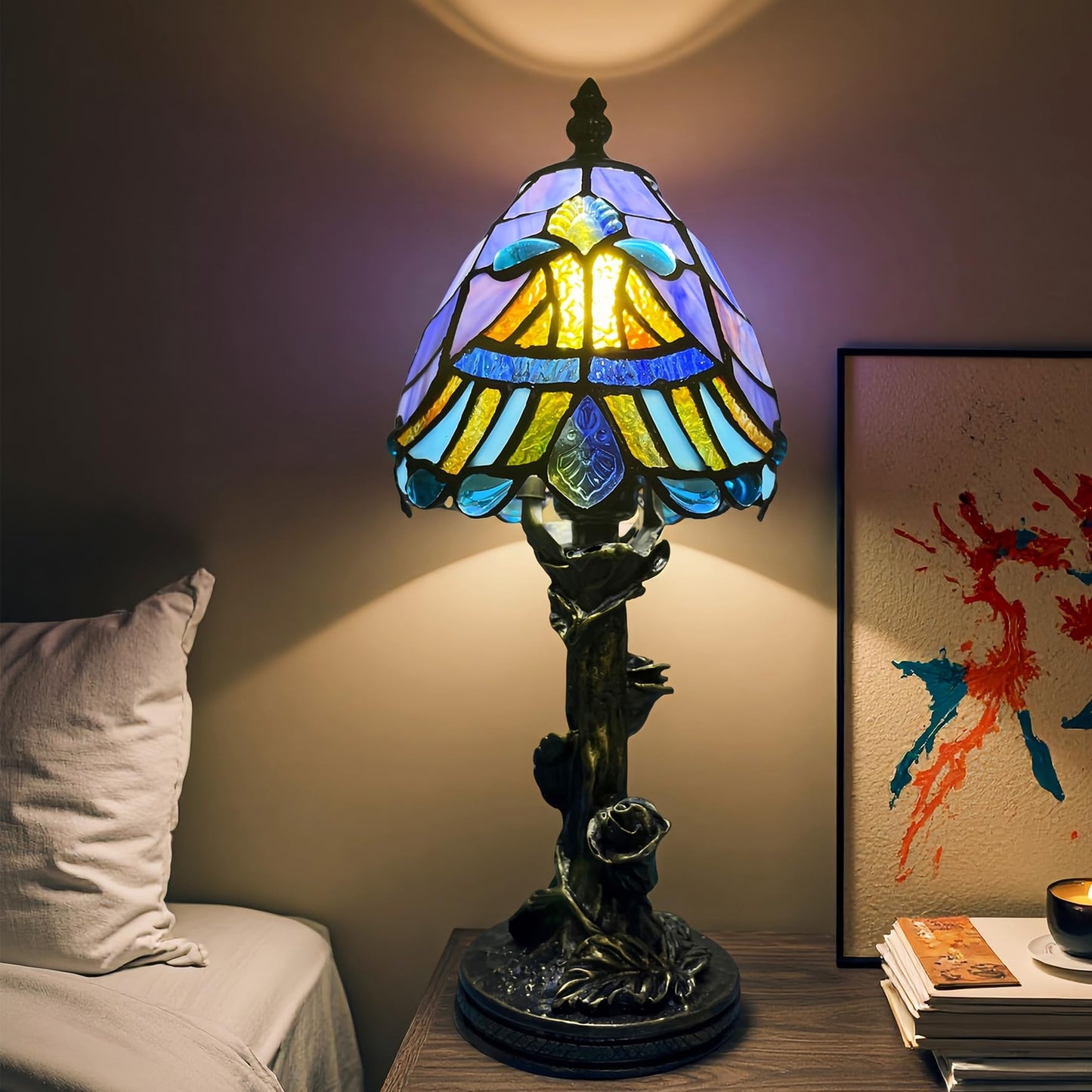 Exporify Small Tiffany Style Lamp,Blue Baroque Mini Stained Glass Tiffany Lamps for Living Room Home,Bedroom Bedside Vintage Lam