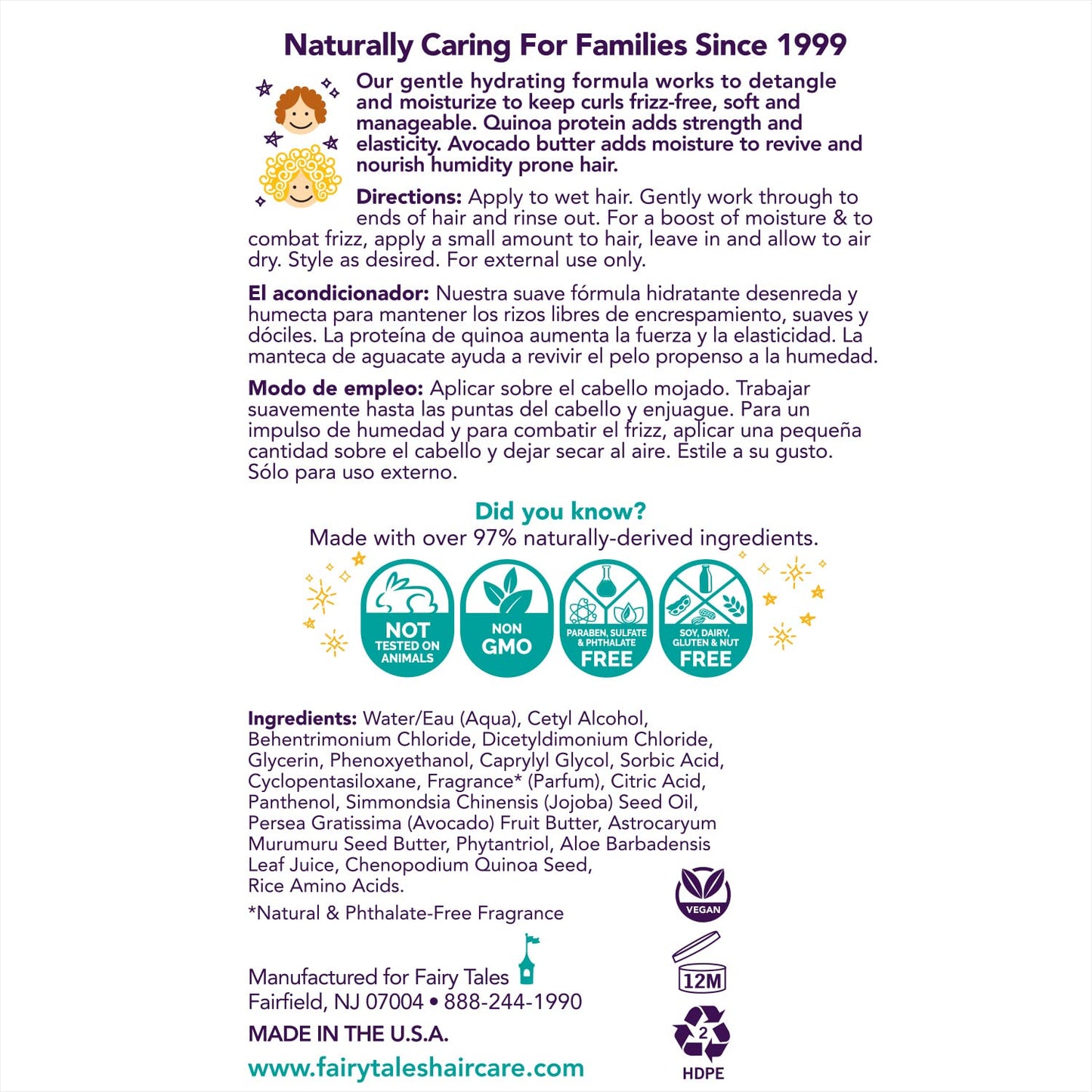 Fairy Tales Kids Moisturizing Conditioner for Curly and Multi-Cultural Hair - Paraben, Sulfate, Gluten and Nut Free - 8 oz