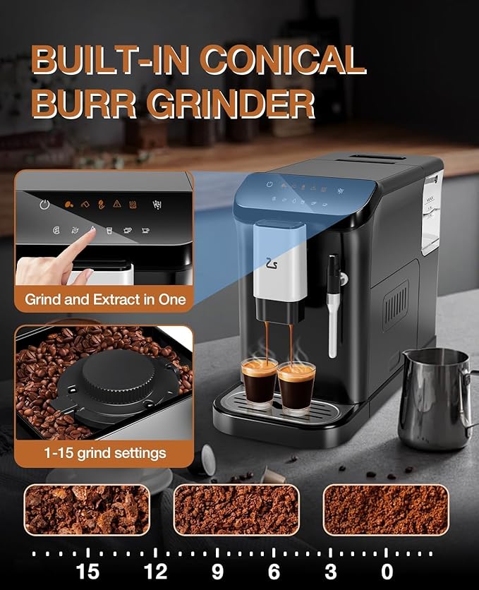 PeakPursuit Super-Automatic Espresso Machine, Grinder and Milk Frother, 20 Bar Pressure, Touchscreen Coffee Maker, 1.5L Removable Water Tank, One-Touch Cappuccino & Latte, Black