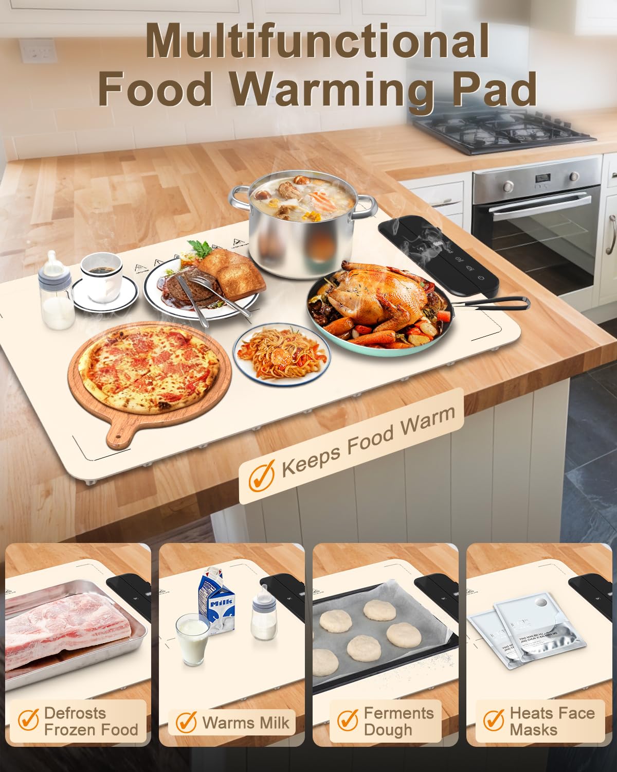 Electric Warming Mat for Food, ZAPLIT 24''x16 Washable Silicone Warming Tray with 6 Temp Settings, 6 Timers, Child Lock, and Auto Standby — Food Warmer for Buffet, Gathering, and Party (Beige/ 2 Pack)