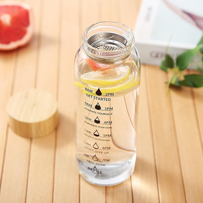 25oz Glass Water Bottle with Time Marker, Leak-Proof,With stainless steel tea strainer, BPA-Free Reusable Hot and Cold Beverages for Office, Gym, Travel