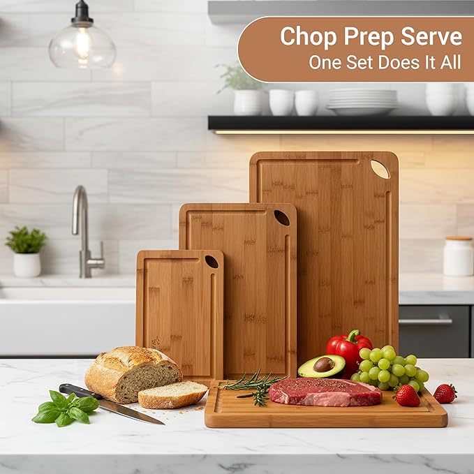 Carbonized Bamboo Cutting Board Set – 3-Piece Cutting Boards for Kitchen, Meat, Vegetables & Bread – Heavy-Duty, 100% Pure Bamboo, Odor & Water Resistant, Knife Friendly, Eco-Friendly