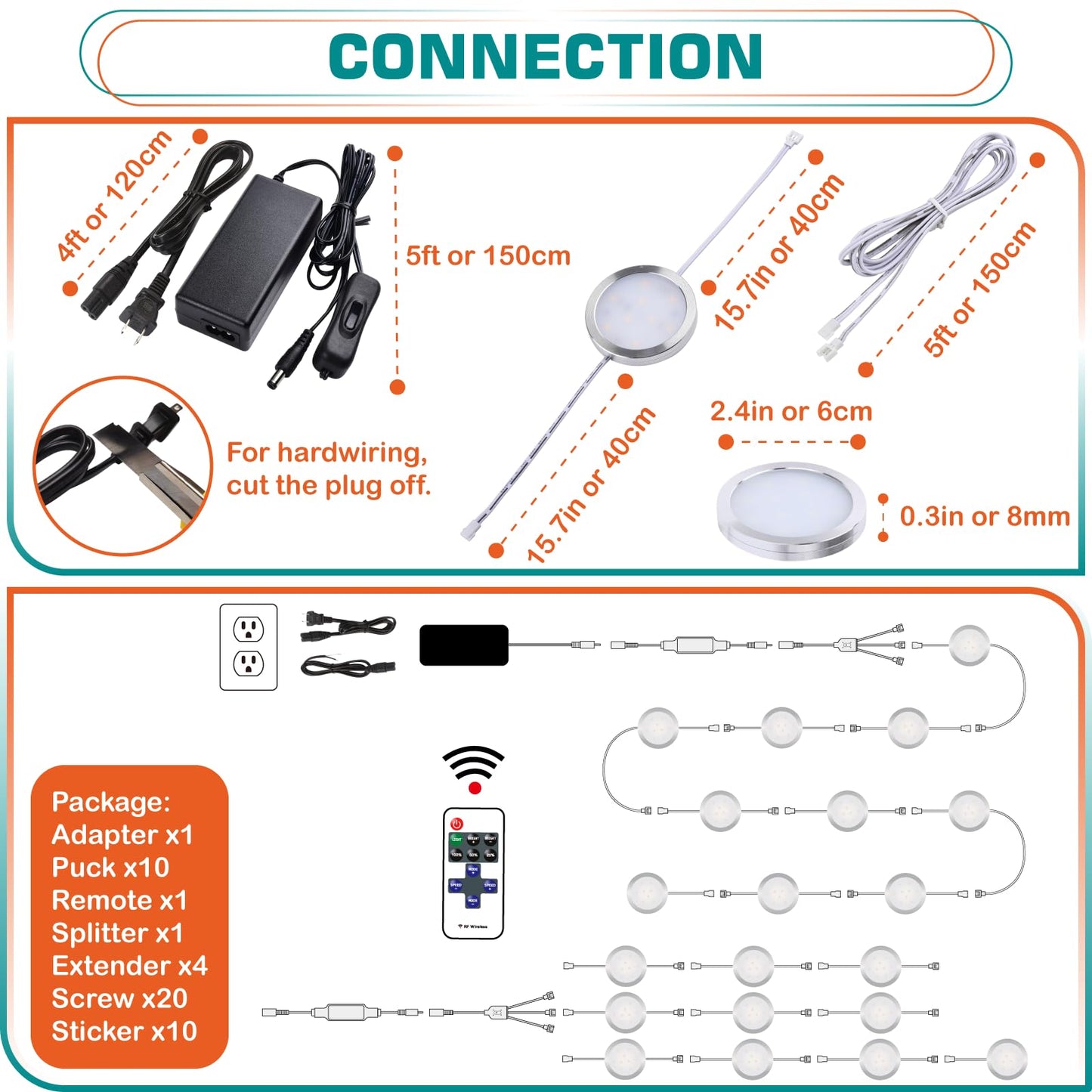 Lvyinyin Round LED Puck Lights Kit, Dimmable, Wireless RF Remote, 10 Lights, Warm White, Aluminum, Hardwired & Plug-in