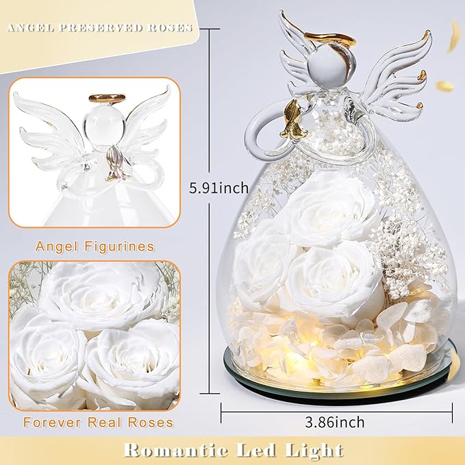 Beferr Valentines Day Rose Gifts for Her Women Mom Gifts for Birthday, Fresh Flowers for Delivery Forever Preserved Rose in Glass Angel Figurine, for Grandma Wife Daughter Girlfriend