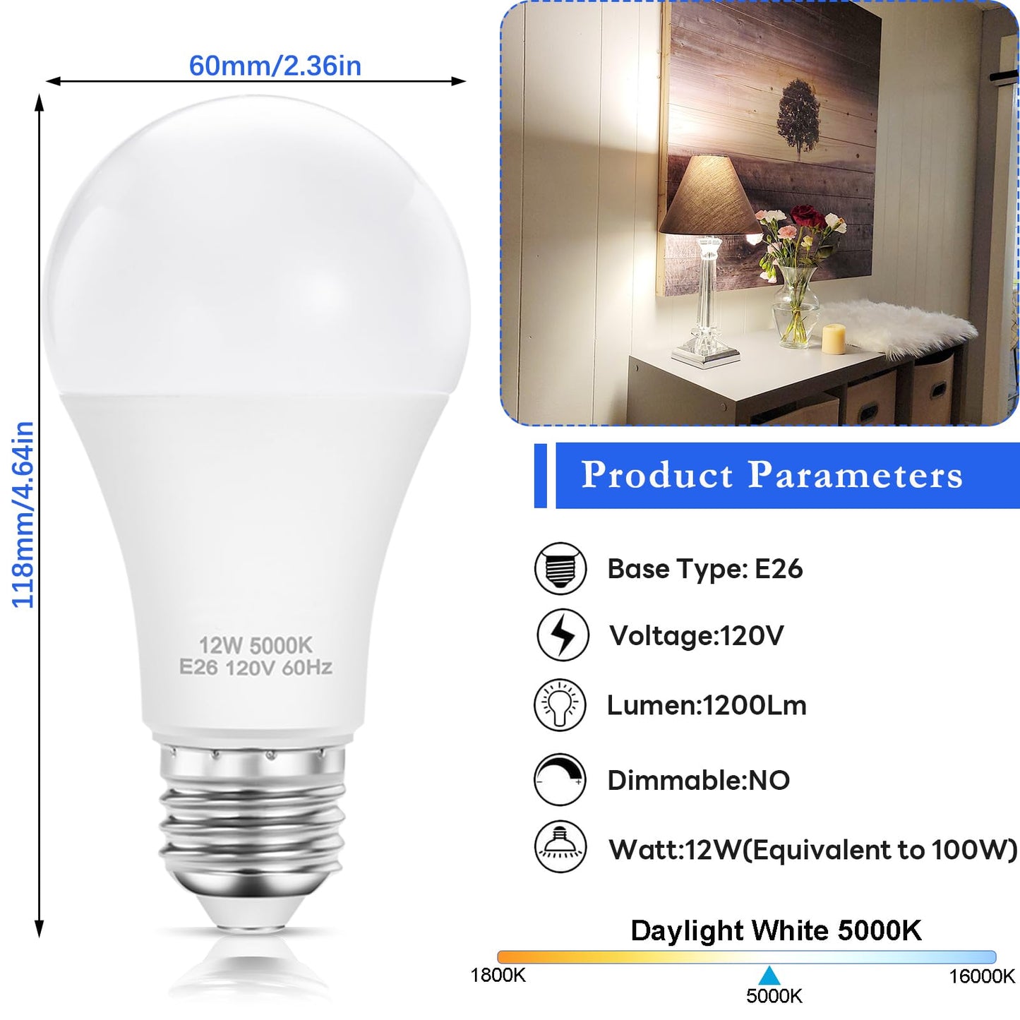 Upwatt A19 Led Bulbs  E26 Led Light Bulbs -12W (100W Equivalent)  Non-Dimmable  Daylight 5000K  Bright White For Home Lighting (Pack Of 4)